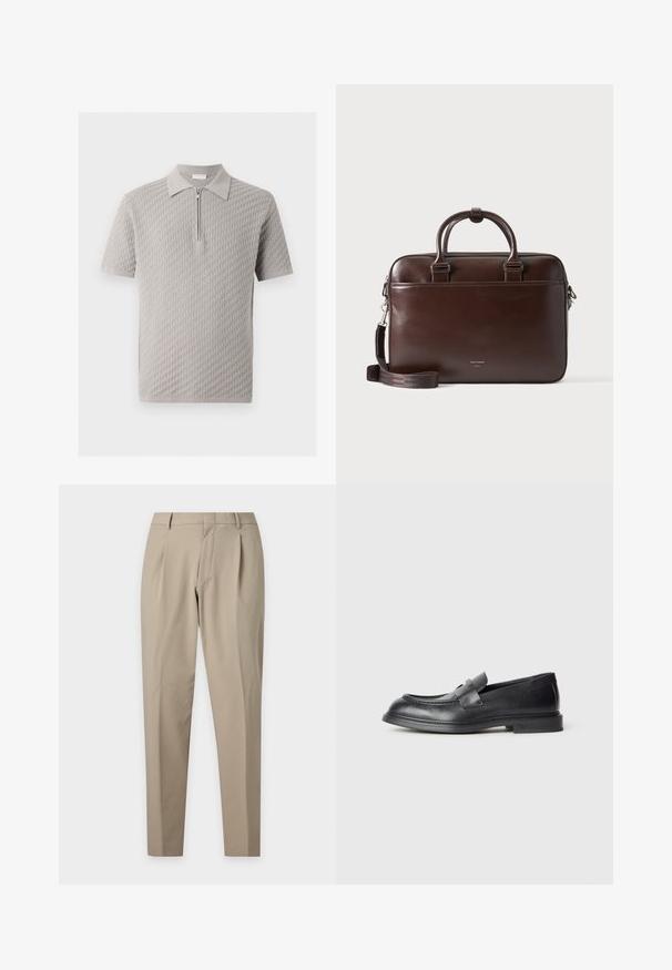 Polo manches courtes gris clair avec motif tissé texturé et fermeture éclair frontale sous le col.; Pantalon beige sur mesure avec plis, passants pour ceinture et jambes fuselées sur un fond clair uni.; Mocassins en cuir noir avec une finition texturée, dotés d'une bride décorative à l'avant et d'un bout arrondi. Semelle en caoutchouc pour plus de durabilité.; Mallette en cuir marron foncé avec double poignées et bandoulière amovible, forme rectangulaire, texture lisse et poche avant.