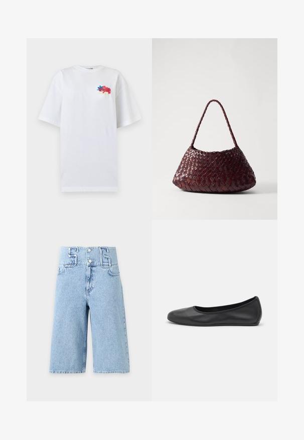 T-shirt blanc oversize à manches courtes avec petite broderie florale colorée et texte en cursive sur le haut gauche de la poitrine.; Shorts en jean bleu clair taille haute avec jambes larges, fermeture à boutons sur le devant et grandes passants de ceinture en forme des chiffres cinq et six.; Ballerines en cuir noir avec un bout rond, texture lisse, détails de couture minimalistes et design de semelle flexible.; DRAGON DIFFUSION ROSANNA - Sac à main - bruciato