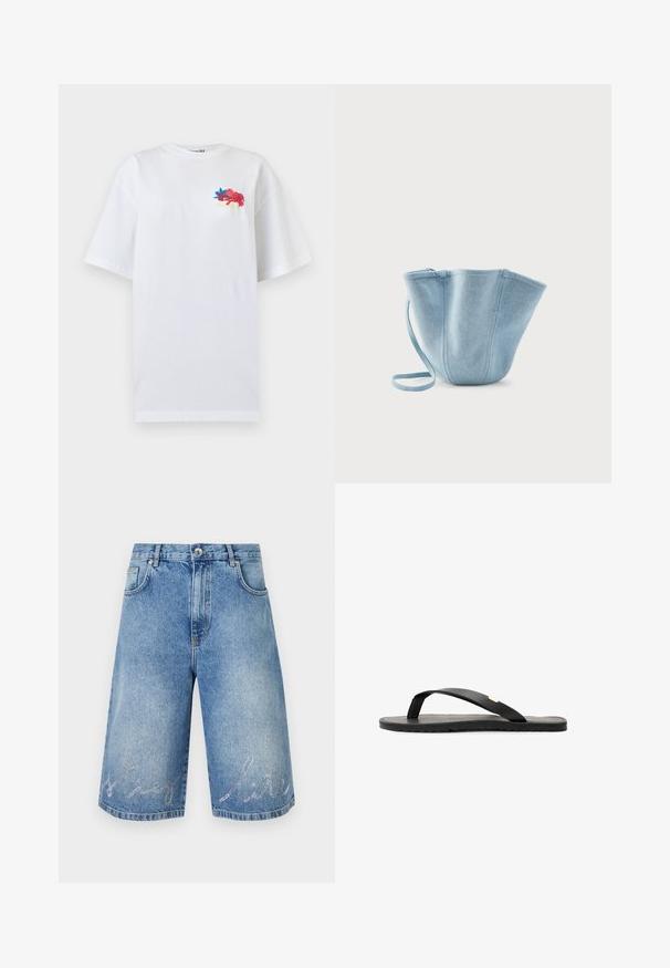 T-shirt blanc oversize à manches courtes avec petite broderie florale colorée et texte en cursive sur le haut gauche de la poitrine.; Short long en denim bleu clair avec bouton devant, passants pour ceinture, poches et texte en cursive avec strass sur chaque ourlet de jambe.; Tongs noires avec une semelle plate, une semelle intérieure texturée noire, des sangles lisses et un petit accent doré près du séparateur de orteils.; Sac seau en tissu bleu clair avec longue bandoulière, grande ouverture supérieure et coutures verticales cousues, sur fond blanc uni.