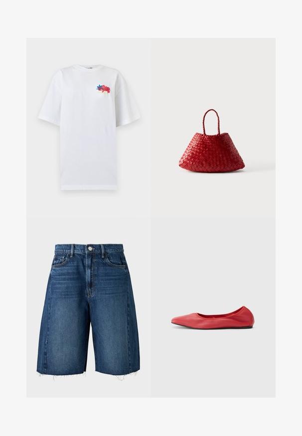 T-shirt blanc oversize à manches courtes avec petite broderie florale colorée et texte en cursive sur le haut gauche de la poitrine.; Short en denim bleu foncé longueur genou avec poches avant, passants de ceinture, fermeture par bouton et ourlets bruts effilochés.; Filippa K REY FLATS - Ballerines - bright red; Sac à main en cuir tressé rouge avec une forme triangulaire arrondie et deux poignées tressées sur fond blanc.