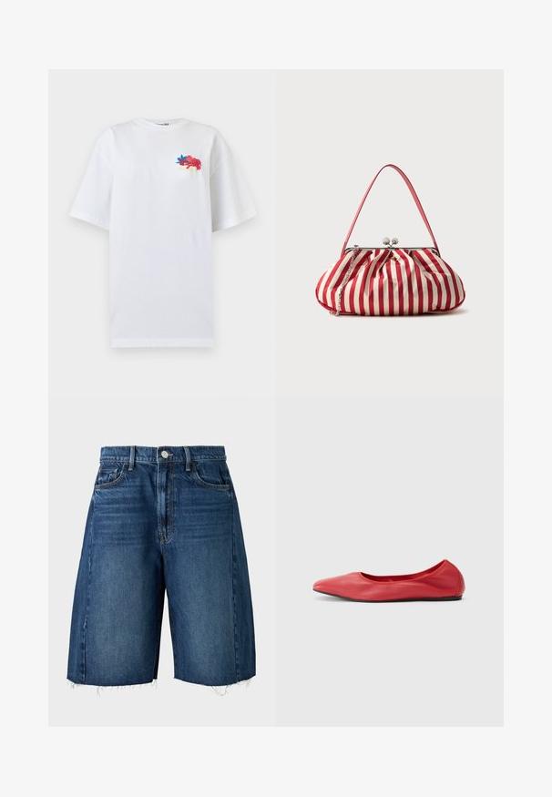 T-shirt blanc oversize à manches courtes avec petite broderie florale colorée et texte en cursive sur le haut gauche de la poitrine.; Short en denim bleu foncé longueur genou avec poches avant, passants de ceinture, fermeture par bouton et ourlets bruts effilochés.; Filippa K REY FLATS - Ballerines - bright red; Sac en tissu rayé verticalement rouge et blanc avec fermoir argenté, poignée fine et une sangle chaîne argentée supplémentaire, posé sur un fond uni.