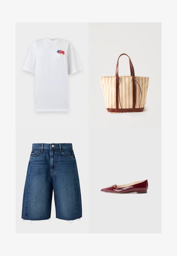 T-shirt blanc oversize à manches courtes avec petite broderie florale colorée et texte en cursive sur le haut gauche de la poitrine.; Short en denim bleu foncé longueur genou avec poches avant, passants de ceinture, fermeture par bouton et ourlets bruts effilochés.; Ballerines en cuir verni bordeaux avec un bout pointu, présentant un petit détail découpé et un petit talon. Texture lisse et design épuré.; Sac cabas beige et blanc à rayures verticales avec anses et finitions en cuir marron, sur un fond clair uni.