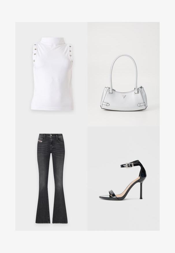Haut blanc sans manches à col montant avec détails de boutons métalliques le long des bords des épaules, présenté sur un fond uni clair.; Jean flare en denim gris foncé à taille haute, avec design à cinq poches, matériel en argent et décoloration subtile. Comprend une étiquette de marque sur le côté.; Sandale à talon haut en cuir verni noir avec bride à la cheville. Présente un design minimaliste, un bout ouvert et une boucle ornée de strass.; Sac à main argenté avec un design structuré, doté de deux poignées, d'une texture brillante, de quincaillerie accentuée et d'un logo triangulaire sur le devant.