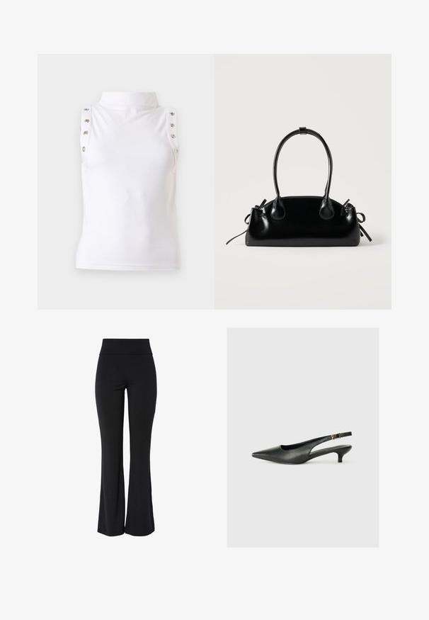 Haut blanc sans manches à col montant avec détails de boutons métalliques le long des bords des épaules, présenté sur un fond uni clair.; Pantalon noir taille haute extensible avec jambe légèrement évasée et design lisse sans coutures, sur fond blanc.; Chaussure slingback noire à bout pointu en cuir lisse. Présente un talon fin et un détail de boucle sur la sangle réglable.; Petit sac à main noir brillant avec deux longues anses et des détails à cordon sur les côtés sur un fond clair uni.