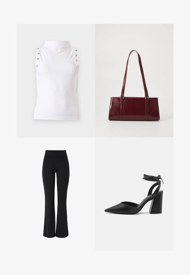 Haut blanc sans manches à col montant avec détails de boutons métalliques le long des bords des épaules, présenté sur un fond uni clair.; Pantalon noir taille haute extensible avec jambe légèrement évasée et design lisse sans coutures, sur fond blanc.; Pointe de pied noire avec un talon bloc structuré, en cuir lisse, et une sangle de cheville réglable pour un ajustement sécurisé.; Sac à main bordeaux en matériau brillant, de forme rectangulaire, avec deux anses et des accents légèrement courbés à l'avant.