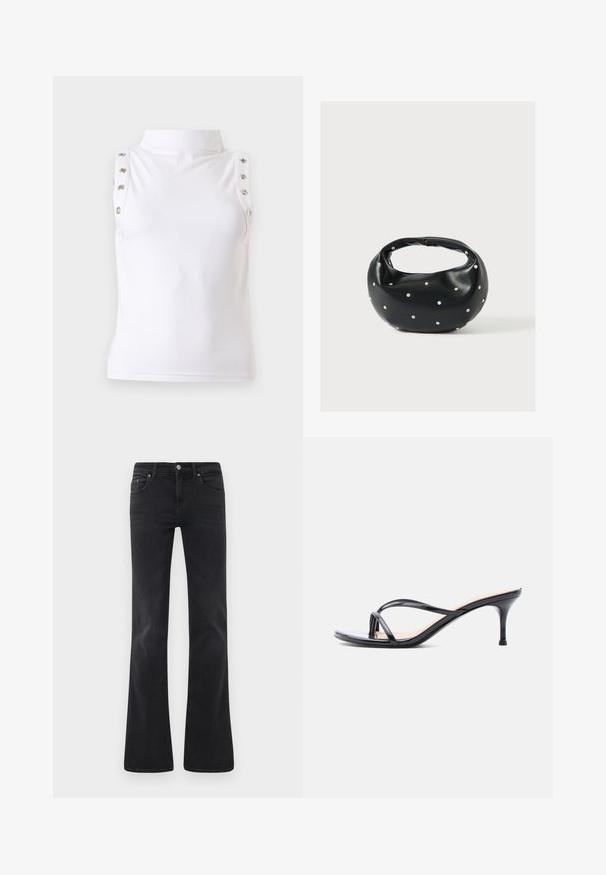 Haut blanc sans manches à col montant avec détails de boutons métalliques le long des bords des épaules, présenté sur un fond uni clair.; Jean noir évasé en denim, doté d'un design classique à cinq poches, d'une fermeture à bouton et de détails de couture subtils.; Sandale à talon en cuir verni noir avec fines lanières croisées et talon aiguille moyen et élancé sur fond blanc.; Sac à main en cuir noir de forme arrondie, décoré de clous argentés et équipé d'une poignée courte. Texture lisse et fermeture éclair.