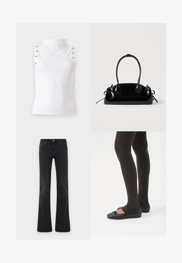 Haut blanc sans manches à col montant avec détails de boutons métalliques le long des bords des épaules, présenté sur un fond uni clair.; Jean noir évasé en denim, doté d'un design classique à cinq poches, d'une fermeture à bouton et de détails de couture subtils.; Jambes portant des leggings côtelés foncés associés à des ballerines noires avec de petits détails en nœud sur fond blanc.; Petit sac à main noir brillant avec deux longues anses et des détails à cordon sur les côtés sur un fond clair uni.