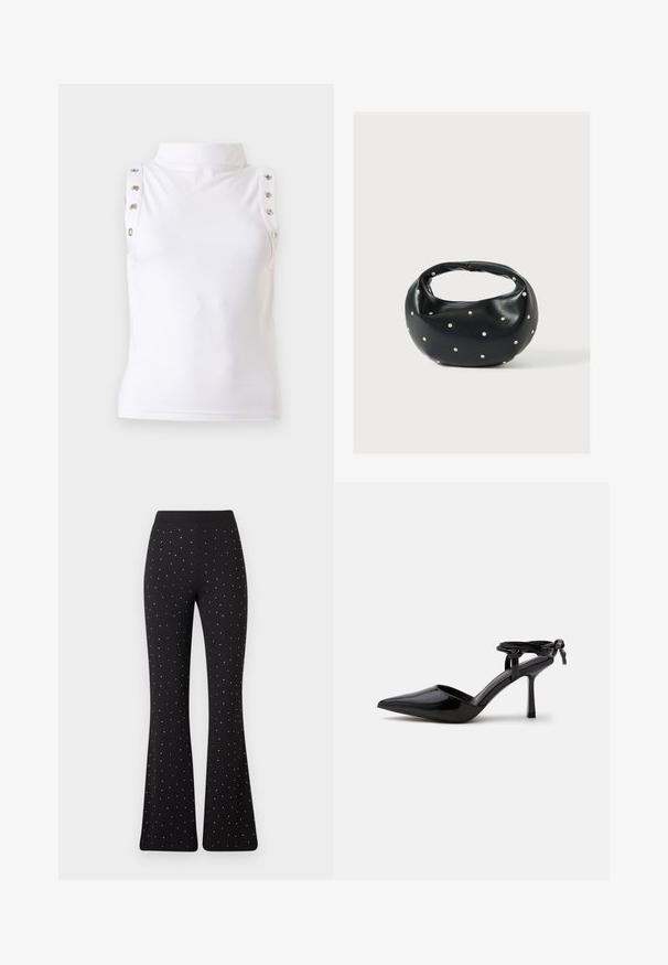 Haut blanc sans manches à col montant avec détails de boutons métalliques le long des bords des épaules, présenté sur un fond uni clair.; Pantalons noirs évasés avec de petits pois blancs répartis uniformément et une ceinture simple sur fond blanc.; Chaussure à talon haut en cuir verni noir avec bout pointu et bride de cheville nouée à l'arrière, présentée sur un fond blanc uni.; Sac à main en cuir noir de forme arrondie, décoré de clous argentés et équipé d'une poignée courte. Texture lisse et fermeture éclair.