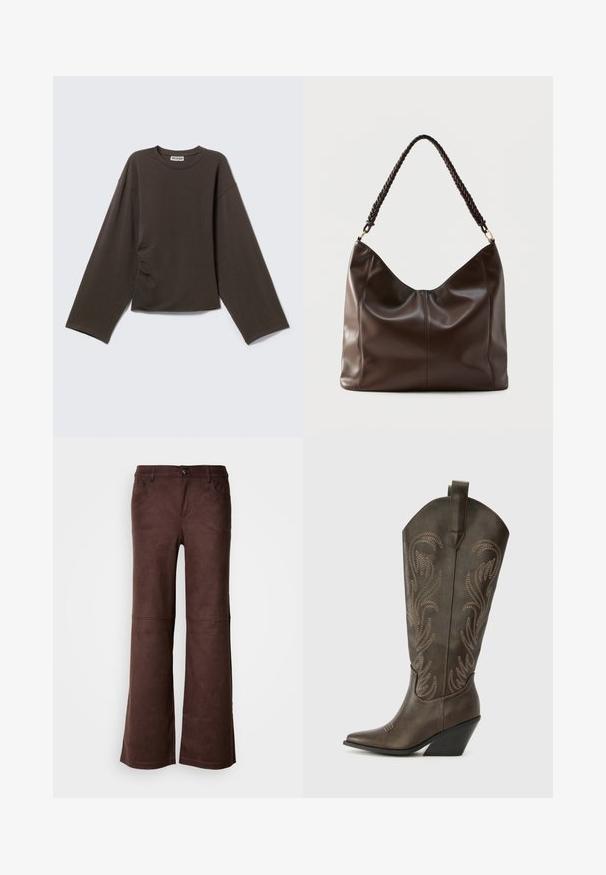 Dark brown long-sleeve crew neck shirt with wide sleeves and a small brand label at the neckline on a light background.; Brown flared pants in a soft, suede-like fabric. Features four pockets, a button fastening, and a smooth, textured surface.; Brown leather cowboy boot with a pointed toe, wedge heel, and decorative embroidery. Features a tall shaft and pull tab.; Dark brown leather shoulder bag with a braided handle and visible seam detailing on the front.