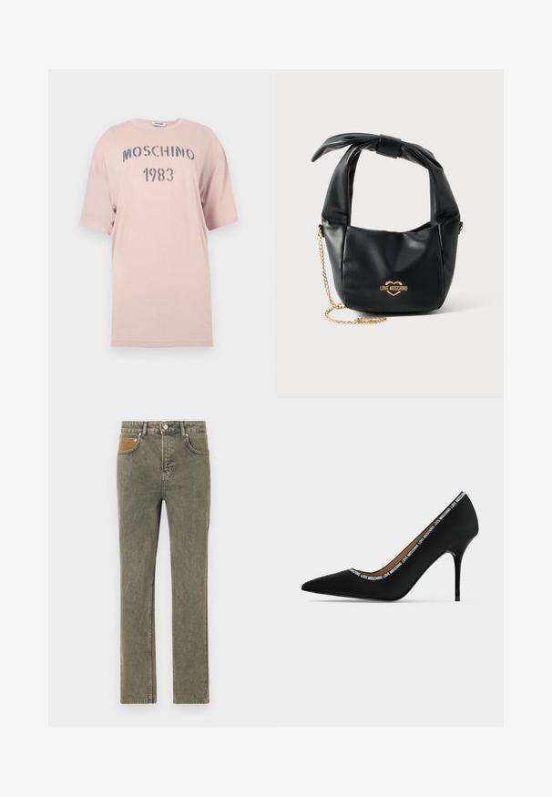 T-shirt oversize rose clair à manches courtes avec l'inscription "MOSCHINO 1983" en texte gris usé sur la poitrine.; Jean en denim vert avec une coupe droite, doté d'une poche en velours côtelé marron et d'une légère décoloration sur l'ensemble du tissu.; Chaussure noire à talon haut pointu avec talon stiletto et bordure de texte "LOVE MOSCHINO" le long du bord d'ouverture, vue de côté sur fond blanc.; Sac à main Love Moschino en cuir noir souple avec poignée nouée et bandoulière chaîne dorée sur fond blanc.