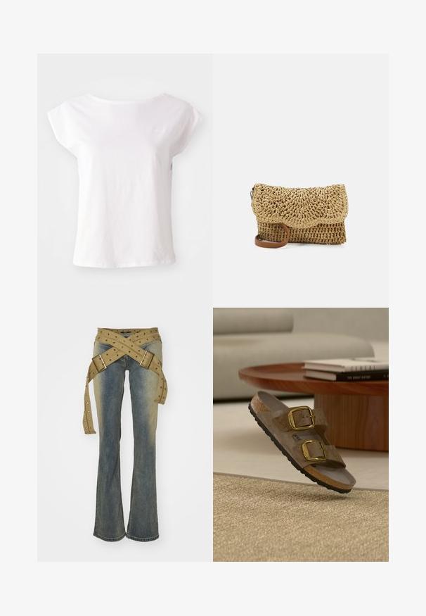Hvid T-shirt med korte ærmer lavet af bomuld, med rund halsudskæring og et løst fit design. Inkluderer en diskret logo accent på brystet.; Jaded London STRAP UP STONEWASH - Jeans Bootcut - hellblau; Brun sandal med to store guldbukler, der svæver over et beige vævet tæppe, med et træbord og bøger i baggrunden.; Pieces Crossbody PCVIOLET - Skuldertasker - nature
