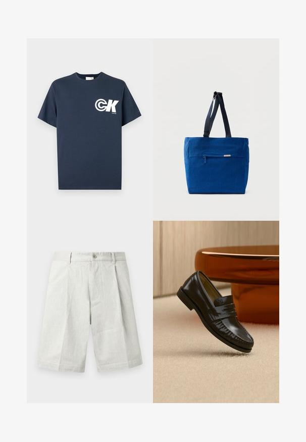 Tmavomodré tričko s krátkym rukávom a okrúhlym výstrihom s bielym logom CK a nápisom "Calvin Klein" na ľavej strane hrudníka.; Svetlosivé šortky z textúrovaného materiálu s gombíkovým zapínaním, záhybmi a rovnostrihým strihom, vhodné na bežné nosenie.; Lesklá čierna kožená mokasína s pásikovým detailom, položená na béžovom koberci pri zaoblenom hnedom konferenčnom stolíku v jemne osvetlenej miestnosti.; Modrá plátenná taška cez rameno s predným vreckom na zips, dvojitými ramennými popruhmi a obdĺžnikovým tvarom. Má nenápadnú značkovú etiketu.