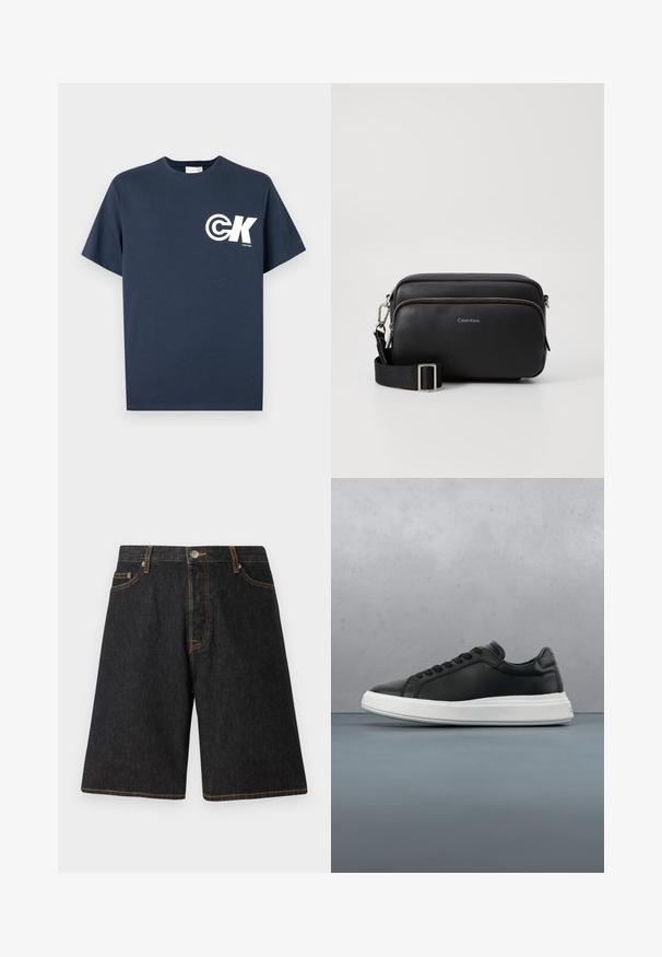 Tmavomodré tričko s krátkym rukávom a okrúhlym výstrihom s bielym logom CK a nápisom "Calvin Klein" na ľavej strane hrudníka.; Čierne deninové šortky so štandardným strihom, s oranžovým prešitím, piatimi vreckami a kovovým zapínaním na pásku.; Čierne kožené tenisky s hladkým povrchom, biela gumová podrážka, zaoblený tvar, šesť dierok na šnúrky a decentné logo na päte.; Čierna kožená crossbody taška s dvoma zipsovými oddeleniami, textúrovaný povrch, nastaviteľný popruh a strieborné kovové akcenty. Zobrazené logo Calvin Klein.