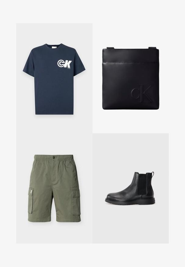 Marineblå T-shirt med korte ærmer og rund hals, med hvid CK-logo og "Calvin Klein"-tekst på venstre bryst.; Olivengrønne cargoshorts med elastisk talje, knaplukning, to sidelommer med klap og sidelomme i sidesømmen, vist på hvid baggrund.; Sorte læder chelsea støvler med tekstureret finish, elastiske sidepaneler og en robust gummisål. Subtil branding på hælen.; Sort rektangulær crossbody-taske med præget "cK" logo i nederste højre hjørne og en glat lædertekstur.