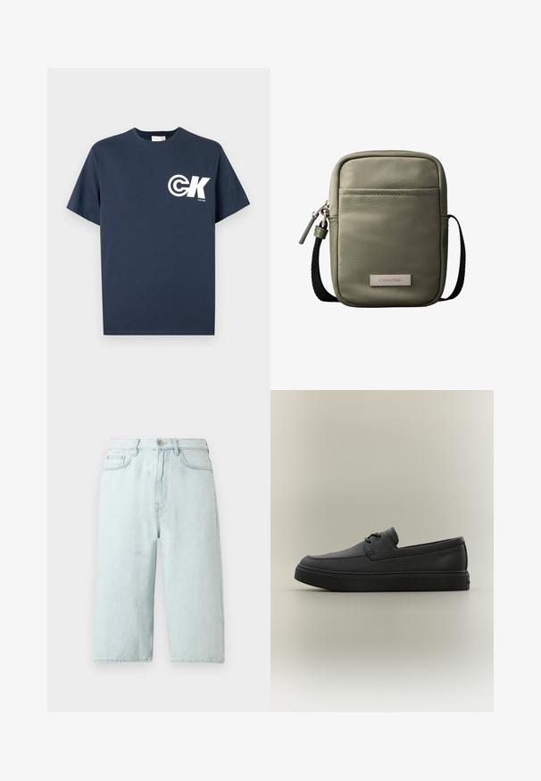 Camiseta azul marino de manga corta con cuello redondo, con logo CK blanco y texto "Calvin Klein" en el pecho izquierdo.; Pantalones cortos de mezclilla azul claro con diseño de pierna recta, cintura de talle medio, bolsillos frontales y un único bolsillo trasero, terminados con costuras sutiles.; Mocasín casual negro de cuero con detalles de cordones y suela gruesa de goma, visto de lado sobre un fondo neutro.; Bolso bandolera compacto verde oliva con bolsillo frontal, correa negra ajustable, cierre de cremallera y placa con el logo de Calvin Klein.