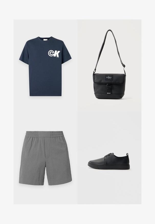 Marineblaues T-Shirt mit kurzen Ärmeln, Rundhalsausschnitt, weißem CK-Logo und "Calvin Klein"-Schriftzug auf der linken Brust.; Graue Shorts mit elastischem Bund, strukturiertem Stoff und geradem Schnitt. Verfügt über zwei Seitentaschen und ein dezentes, gemustertes Design.; Schwarze Leder-Sneaker mit glatter Oberfläche, abgerundeter Zehenpartie, gleichfarbiger Nähte, schnürbarem Vorderteil und flacher Gummisohle. Schlaufe an der Ferse.; Schwarze Calvin Klein Schultertasche mit verstellbarem Riemen, Vorderklappe, Schnallenverschluss und sichtbarem Markenlogo-Patch.