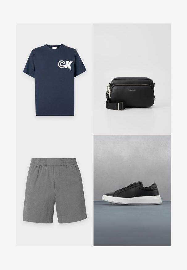 Tmavomodré tričko s krátkym rukávom a okrúhlym výstrihom s bielym logom CK a nápisom "Calvin Klein" na ľavej strane hrudníka.; Šedé šortky s elastickým pásom, textúrovanou látkou a rovnými nohavicami. Obsahujú dve bočné vrecká a decentný vzorovaný dizajn.; Čierne kožené tenisky s hladkým povrchom, biela gumová podrážka, zaoblený tvar, šesť dierok na šnúrky a decentné logo na päte.; Čierna kožená crossbody taška s dvoma zipsovými oddeleniami, textúrovaný povrch, nastaviteľný popruh a strieborné kovové akcenty. Zobrazené logo Calvin Klein.
