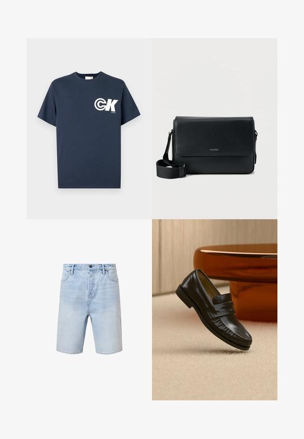 Tmavomodré tričko s krátkym rukávom a okrúhlym výstrihom s bielym logom CK a nápisom "Calvin Klein" na ľavej strane hrudníka.; Svetlomodré riflové šortky s bežným strihom, dizajnom s piatimi vreckami a gombíkovým zapínaním. Majú jemné vyblednutie a prešité lemy.; Lesklá čierna kožená mokasína s pásikovým detailom, položená na béžovom koberci pri zaoblenom hnedom konferenčnom stolíku v jemne osvetlenej miestnosti.; Čierna kožená messenger taška s textúrovaným povrchom, nastaviteľným popruhom a predným klopou s jemným logom. Kompaktný a obdĺžnikový tvar.