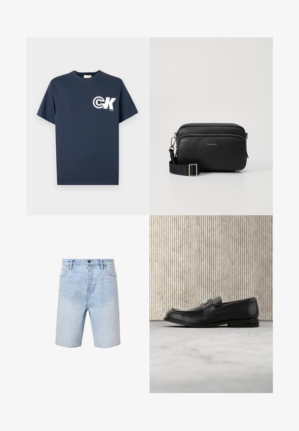 Marineblauw T-shirt met korte mouwen en ronde hals, voorzien van een witte CK-logo en de tekst "Calvin Klein" op de linkerborst.; Lichtblauwe denim shorts met een normale pasvorm, vijf zakken en een knoopsluiting. Kenmerkt subtiele vervaging en gestikte zoom.; Zwarte leren loafer met een metalen merktekenplaatje, rustend bij een bruine ronde tafel op een beige tapijtvloer.; Zwarte leren schoudertas met twee ritscompartimenten, gestructureerd afwerking, verstelbare schouderband en zilveren hardware-accenten. Calvin Klein-logo zichtbaar.