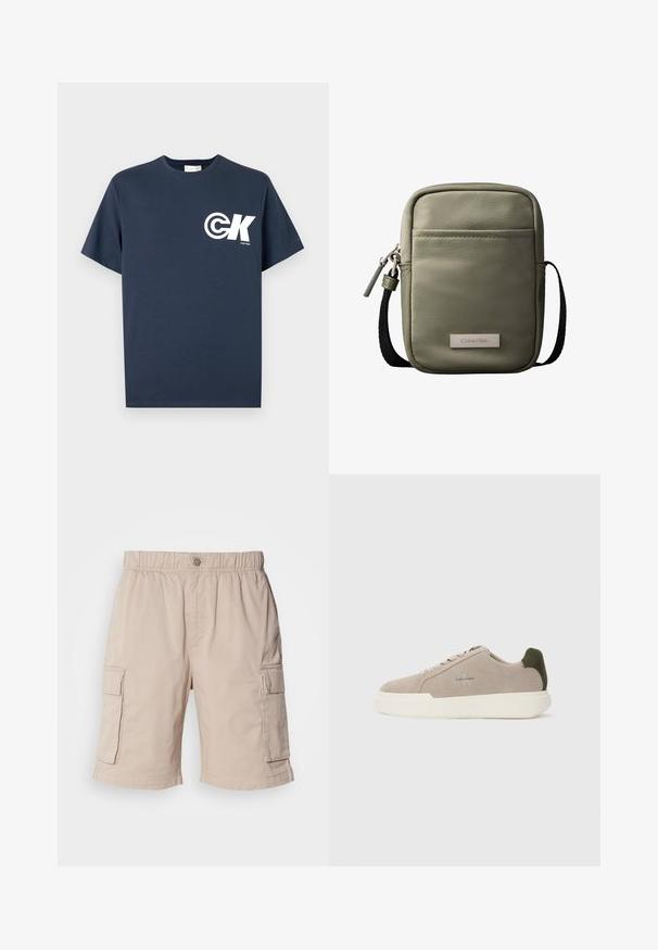 Marineblå T-shirt med korte ærmer og rund hals, med hvid CK-logo og "Calvin Klein"-tekst på venstre bryst.; Beige cargo shorts med elastisk talje, knaplukning, to sidelommer og ekstra lommer på lårene. Letvægtsstof.; Beige ruskinds sneakers med en hvid gummisål, der har en mørkegrøn hælaccent og subtil branding på siden.; Kompakt korsbodytaske i olivengrøn med forlomme, sort justerbar rem, lynlåslukning og Calvin Klein logo-plakette.