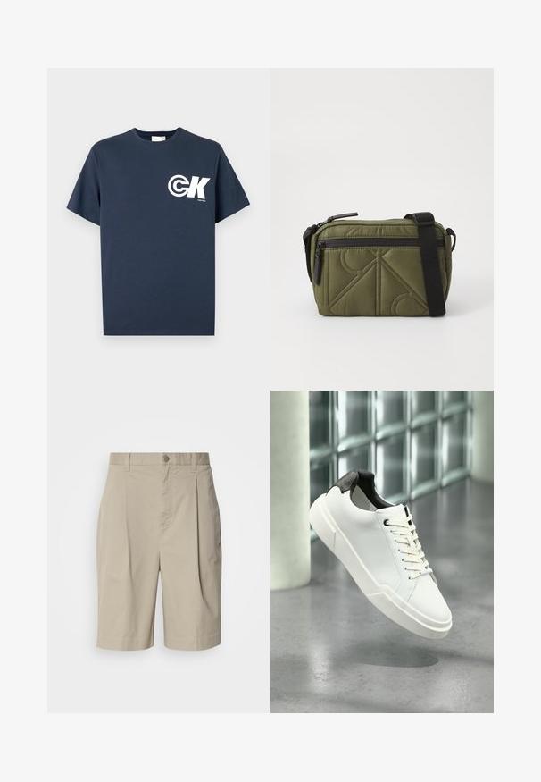 Tmavomodré tričko s krátkym rukávom a okrúhlym výstrihom s bielym logom CK a nápisom "Calvin Klein" na ľavej strane hrudníka.; Bežové bavlnené šortky s skladaným predným dielom, zapínaním na gombík v páse a bočnými vreckami. Hladká textúra a dĺžka po kolená.; Biela nízka teniska s čiernou textúrovanou pätkou, bielymi šnúrkami a hrubou podrážkou na leštenej betónovej podlahe pri sklenených blokoch.; Olivovo zelená prešívaná taška s čiernym popruhom, so zipsovým uzatváraním na vrchu a vonkajšou zipsovou kapsou s geometrickými vzorovými akcentmi.