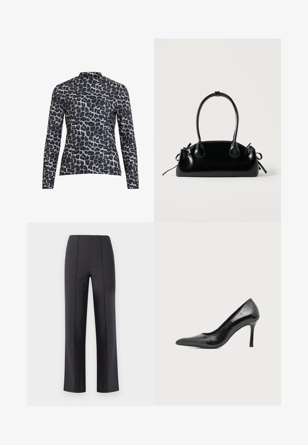 Haut à manches longues avec un col montant, confectionné dans un tissu lisse avec un motif léopard noir et gris.; Pantalon noir droit sur mesure avec coutures avant et taille élastique, présenté sur un fond clair uni.; Chaussure à talon haut pour femme en cuir verni noir avec bout pointu et talon fin sur fond clair uni.; Petit sac à main noir brillant avec deux longues anses et des détails à cordon sur les côtés sur un fond clair uni.