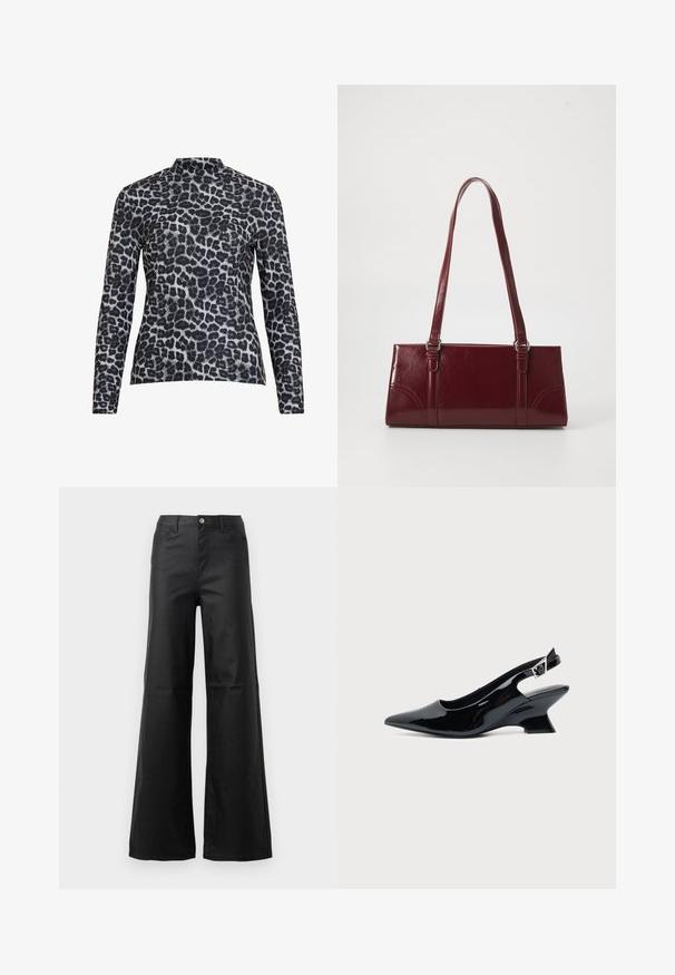 Haut à manches longues avec un col montant, confectionné dans un tissu lisse avec un motif léopard noir et gris.; Jean noir à jambe large en denim lisse, avec une fermeture à bouton, des poches avant et une taille haute.; Chaussure slingback en cuir verni noir avec bout pointu et petit talon bloc incliné sur fond clair uni.; Sac à main bordeaux en matériau brillant, de forme rectangulaire, avec deux anses et des accents légèrement courbés à l'avant.