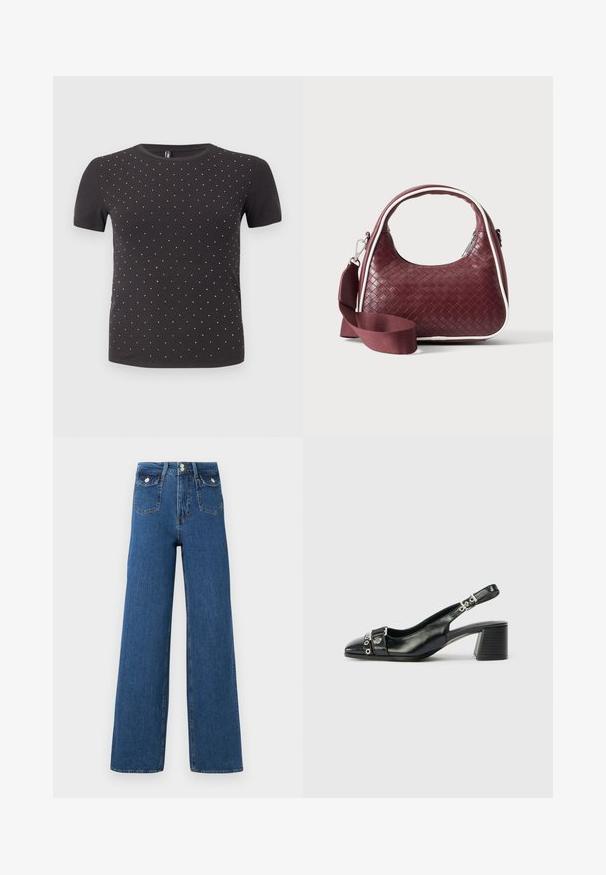 T-shirt noir à manches courtes en tissu côtelé, avec un motif de petits embellissements brillants répartis uniformément sur le devant.; Jean large en denim foncé. Doté de deux poches avant et d'une fermeture à bouton. Texture lisse avec des coutures visibles et une forme structurée.; Sandale à talon en cuir noir avec un bout pointu, une sangle texturée ornée d'accents métalliques circulaires et un talon empilé.; Sac à main en cuir tressé marron foncé avec poignée courbée, garniture blanche, fermeture éclair argentée et bandoulière large en tissu amovible sur fond uni.