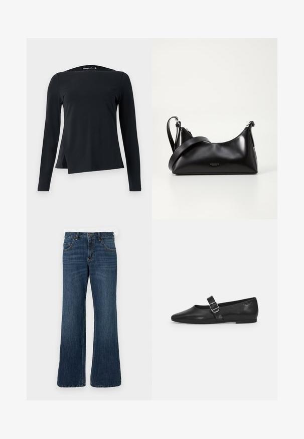 Sort langærmet top lavet af glat stof, med høj halsudskæring og en asymmetrisk kant med sidespring for et moderne design.; Mørkeblå jeans med vide ben og klassisk design med fem lommer, der har knaplukning og diskret falming. Fremstillet af denimstof.; Sorte læder flade sko med rund tå, et enkelt justerbart spænde og en glat, blank overflade. Minimalistisk design med en lav hæl.; Sort læderhåndtaske med en glat tekstur. Har en justerbar stropp og et enkelt, minimalistisk design med lynlås.