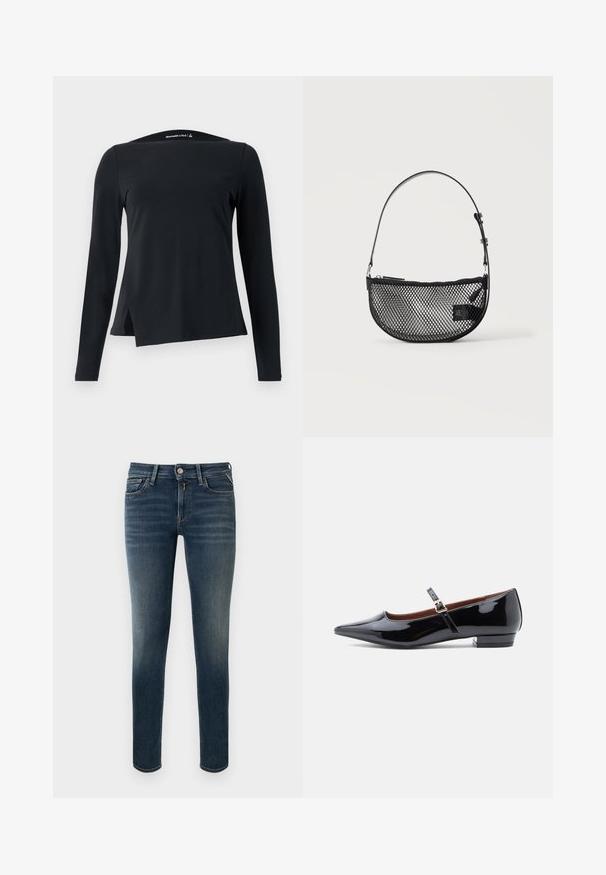 Sort langærmet top lavet af glat stof, med høj halsudskæring og en asymmetrisk kant med sidespring for et moderne design.; Mørkeblå denimjeans med slim pasform, fem lommer og knaplukning. Har diskret falmet effekt og et lige ben-design.; Sorte patenterede læder Mary Jane flade sko med spids tå og lille hæl, udstyret med en justerbar rem med guld spænde.; Sort mesh halvmåne håndtaske med en kort justerbar læderrem og lynlåslukning på en ensartet lys baggrund.
