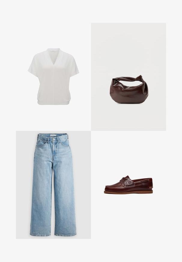 Weißes Kurzarmoberteil mit V-Ausschnitt und lockerer Passform mit einem gerafften Saum. Glatter, leichter Stoff mit einer dezenten Textur.; Hellblaue weit geschnittene Jeans mit hoher Taille, aus Denimstoff. Besitzt ein klassisches Fünf-Taschen-Design und Metallbeschläge.; Brauner Leder-Bootsschuh mit Schnürsenkeln, Nahtdetails und Timberland-Logo an der Seite, auf weißem Hintergrund gezeigt.; Dunkelbraune Lederschultertasche mit weicher, lockerer Form und einem gedrehten Knotengriff vor schlichtem weißem Hintergrund.
