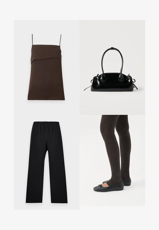 Robe mini marron foncé sans manches avec fines bretelles spaghetti et encolure droite avec détail de tissu superposé.; Pantalon noir à jambes droites avec une taille élastique, sans poches visibles ni ornements, présenté sur un fond uni.; Jambes portant des leggings côtelés foncés associés à des ballerines noires avec de petits détails en nœud sur fond blanc.; Petit sac à main noir brillant avec deux longues anses et des détails à cordon sur les côtés sur un fond clair uni.