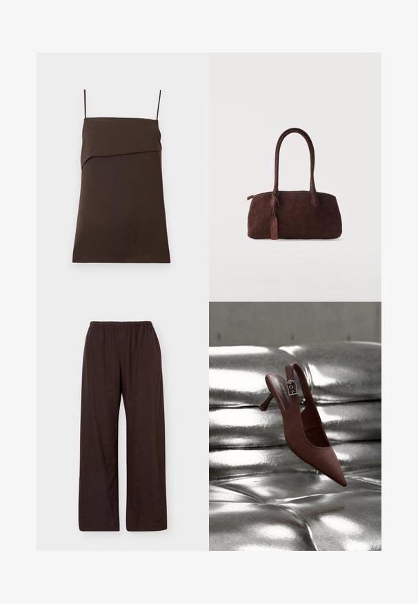 Robe mini marron foncé sans manches avec fines bretelles spaghetti et encolure droite avec détail de tissu superposé.; Pantalon marron foncé, coupe ample, taille élastique, jambes droites, sans poches ni motifs visibles.; Chaussure slingback pointue marron avec talon bas et bride à boucle reposant sur une surface capitonnée argentée métallique brillante.; Sac à main en daim marron foncé avec deux longues anses et une petite étiquette attachée, sur un fond clair uni.