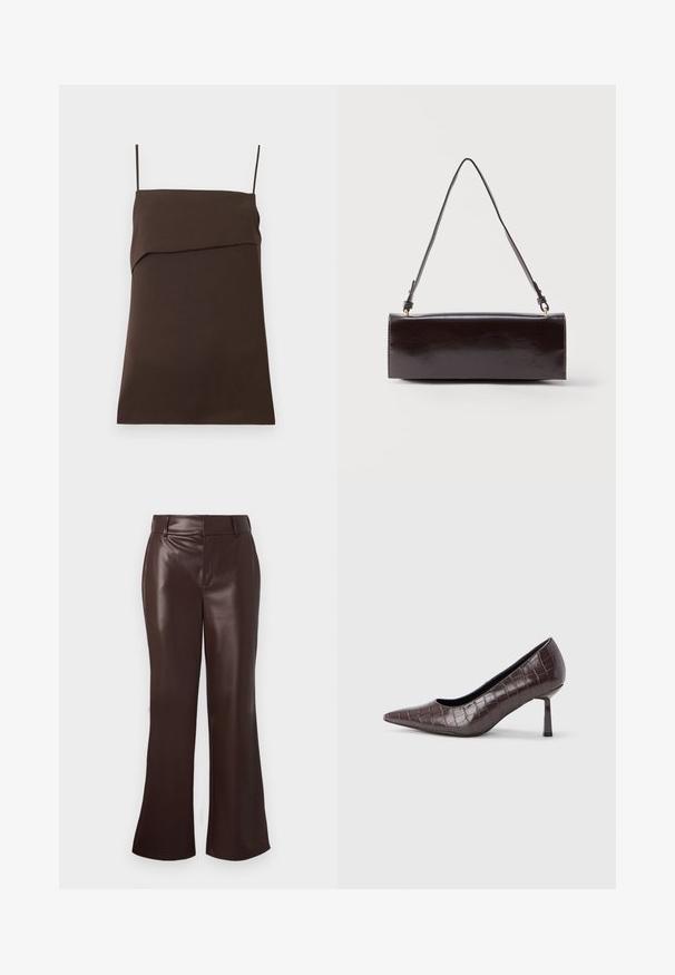 Robe mini marron foncé sans manches avec fines bretelles spaghetti et encolure droite avec détail de tissu superposé.; Pantalons évasés en simili cuir marron avec une texture lisse, dotés d'une taille ceinturée et d'une fermeture éclair. Lignes épurées et silhouette élégante.; Escarpins à bout pointu en similicuir marron avec une texture crocodile, dotés d’un talon fin et angulaire ainsi que d’une doublure intérieure lisse.; Sac à main rectangulaire en cuir noir avec une longue bandoulière unique et une finition brillante, présenté sur un fond blanc uni.