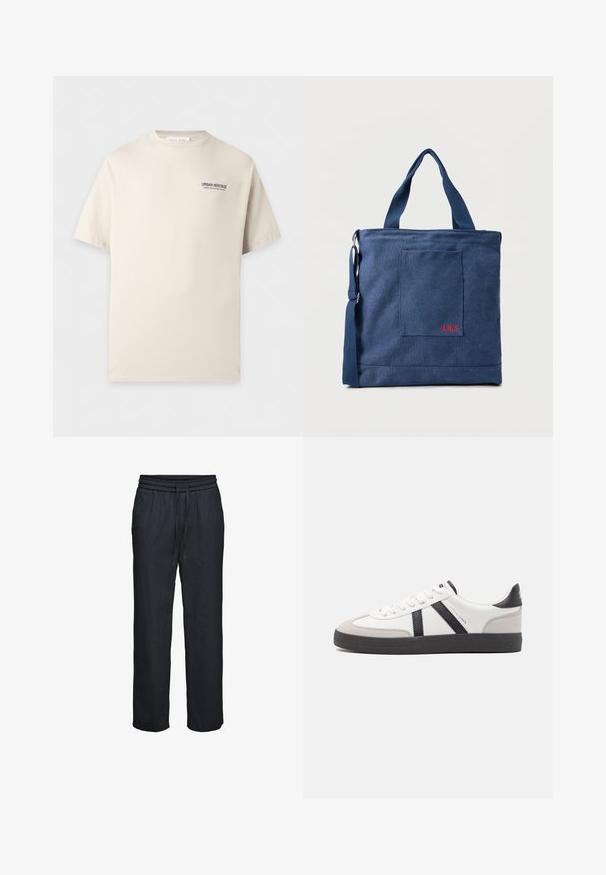 T-shirt beige à manches courtes avec col rond et petit texte noir "URBAN HERITAGE WHERE FOOTSTEPS MEET HISTORY" sur la poitrine gauche.; Pantalon ample noir avec taille élastique et cordon de serrage, jambes droites, en tissu léger.; Baskets blanches avec des accents noirs et gris, présentant un embout texturé gris, une semelle en caoutchouc noir et des lacets plats blancs. Design épuré, style minimaliste.; Sac fourre-tout en toile bleue avec poche frontale et broderie rouge "O.N.S", doté de doubles poignées et d'une bandoulière réglable.
