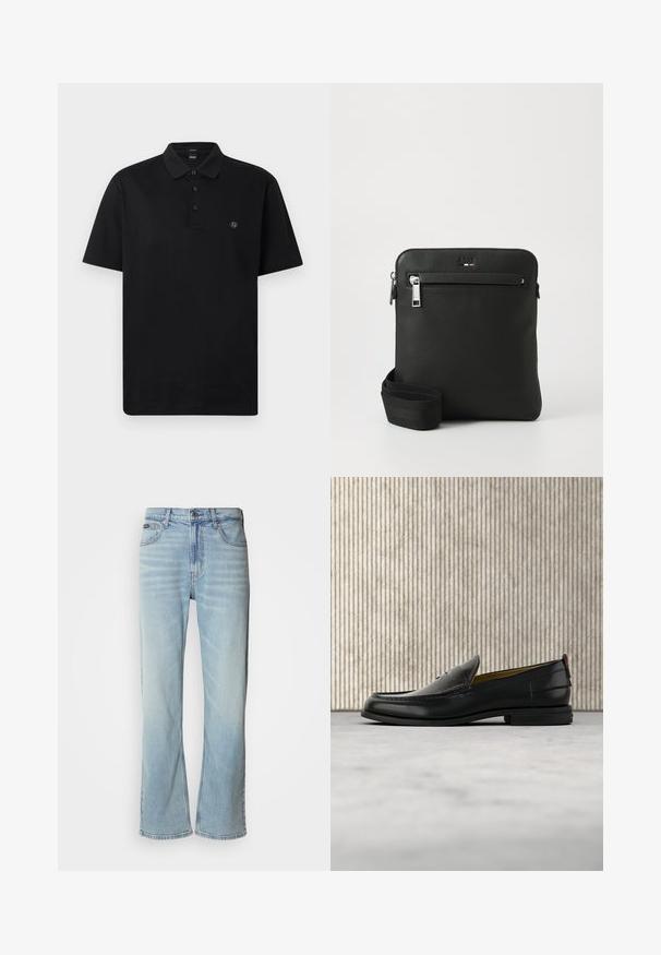 Polo noir en coton lisse, doté d'un col classique et d'une patte de boutonnage à trois boutons, avec un petit logo sur la poitrine.; Jeans en denim bleu clair avec une coupe droite, dotés de cinq poches, d'une fermeture à bouton et d'une légère décoloration sur le tissu.; Mocassin pour homme en cuir noir avec un dessus embossé effet croco et un petit talon, présenté de profil sur un fond neutre.; Sac bandoulière en cuir noir avec un design plat, surface texturée, fermeture éclair, poche avant et une sangle en tissu ajustable.