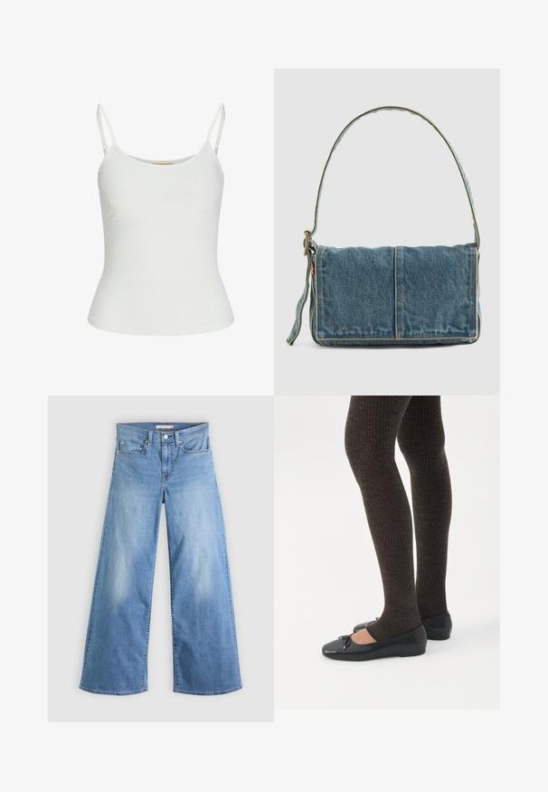 Hvid ærmeløs top med justerbare stropper, tætsiddende design, glat stofstruktur og rund halsudskæring. Ingen mønstre eller hardware detaljer.; Lyseblå vidbenede jeans lavet af denim, med høj talje, lynlås og knaplukning foran samt klassisk fem-lomme design.; Ben iført mørke ribbede leggings kombineret med sorte balletsko med små sløjfedetaljer på hvid baggrund.; Denim skuldertaske med fold-over design, lys blå farve, synlige sømme, justerbar rem og en sidelabel-detalje.