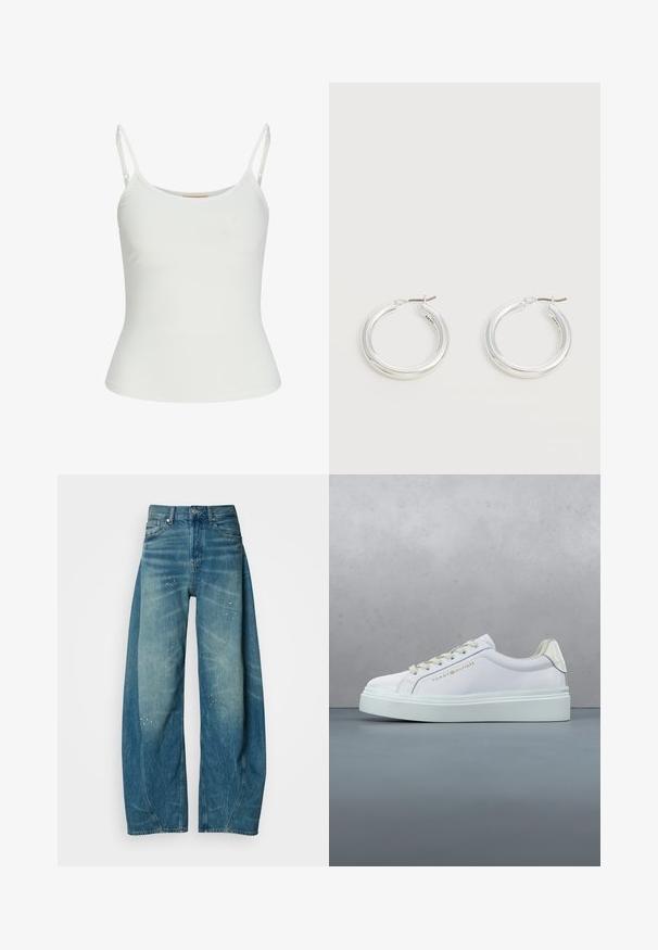 Top sans manches blanc avec bretelles réglables, design ajusté, texture de tissu lisse et encolure ronde. Aucun motif ni détail matériel.; Jeans en denim bleu clair à jambe large avec des zones décolorées et de petites éclaboussures de peinture. Présente un design classique à cinq poches et une fermeture à bouton.; Baskets blanches Tommy Hilfiger à semelle épaisse et lacets, présentées au-dessus d'un sol en bois à motifs et de galets en plein air.; Paire de boucles d'oreilles créoles moyennes argentées brillantes avec de fines attaches métalliques sur un fond clair et neutre.