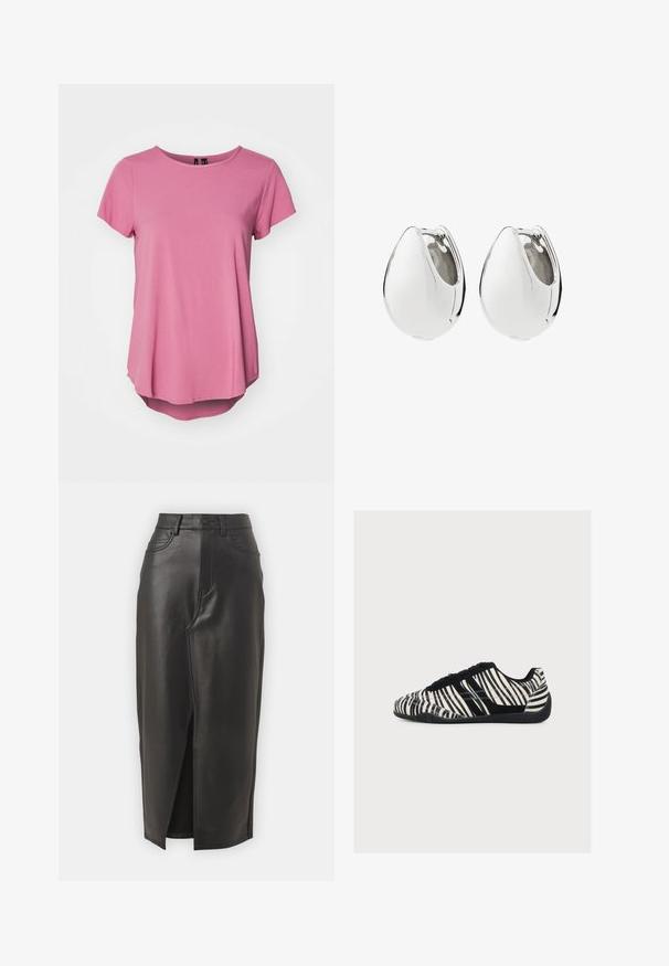 Camiseta de manga corta rosa con escote redondo, corte relajado y dobladillo trasero ligeramente más largo. Fabricada con una tela suave y lisa.; Falda midi de cuero negro con abertura frontal, cintura alta y cinco bolsillos. Textura suave con detalles de costura en contraste.; Zapatilla de perfil bajo con rayas de cebra en blanco y negro, cordones negros y suela negra texturizada, vista de lado sobre un fondo blanco.; Par de pendientes de aro de plata pulida y lisa con forma redondeada de lágrima y cierres con bisagra.