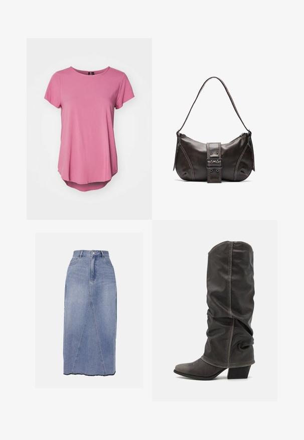 Roze T-shirt met korte mouwen, een ronde hals, een ontspannen fit en een iets langere achterzijde. Gemaakt van zachte, gladde stof.; Denim midi-rok in lichtblauw, met een hoge taille, voornaadnaden en een ongelijkmatig zoom met ruwe randen voor een getextureerde afwerking.; Grijze leren laarzen tot de kuit met een slouchy ontwerp, spitse neus en gestapelde hak. Opmerkelijke stikdetails op het neusstuk.; Bruine leren schoudertas met een gebogen vorm, voorzien van een opvallende gespdetail, contrasterende stiksels en een enkele schouderband.