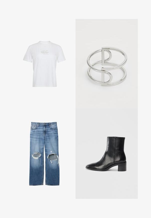 Wit T-shirt met korte mouwen, ronde hals en lichtbeige Calvin Klein-logo gecentreerd op de borst.; Blauwe spijkerbroek van denim met grote gescheurde gaten op beide knieën en een klein Calvin Klein-label op het rechter voorzakje.; Zwarte leren enkellaars met een puntige neus, lage blokhak en subtiele reliëflogo. Gladde textuur met een strak ontwerp en minimale stiksels.; Zilveren metalen armband met een dubbel-lusontwerp, voorzien van een gladde, glanzende afwerking en een minimalistisch geometrisch accent.