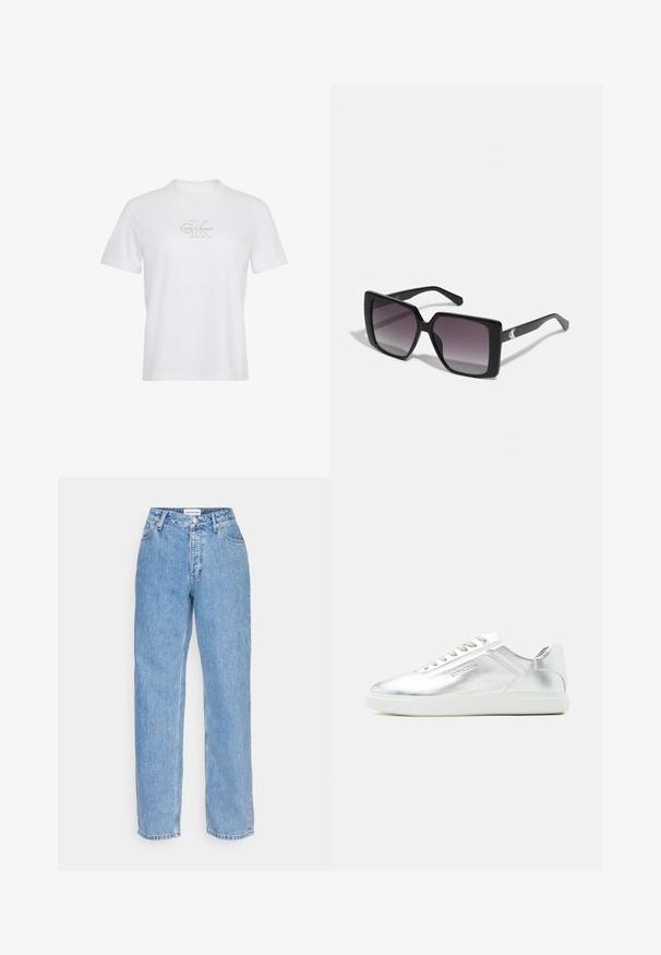 Hvid t-shirt med korte ærmer, rund hals og let beige Calvin Klein-logo centreret på brystet.; Lys blå denimjeans med lige ben, der har knap- og lynlåslukning, fem lommer og en medium høj talje.; Lavtskåret metallic sølv sneaker med hvid sål og snørebånd, glat tekstur og subtil præget branding på siden.; Sorte firkantede solbriller med gradient grå linser. Blank ramme med rene linjer. Sølvlogo-aksecent på stængerne.