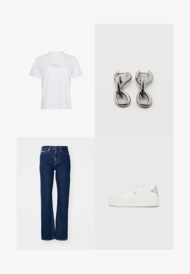 Witte katoenen t-shirt met korte mouwen, een ronde hals en een goudkleurig gedrukt Calvin Klein-logo aan de voorkant.; Donkerblauwe denim jeans met rechte pijpen, knoopsluiting en vijf zakken. De stof heeft een lichte textuur met subtiele stikseldetails.; Witte canvas sneakers met een dikke witte zool, voorzien van een metallic zilveren accent op de hiel en een subtiel logo detail aan de zijkant.; Set zilverkleurige metalen oorbellen met een abstract ontwerp van in elkaar grijpende lussen op een witte achtergrond.