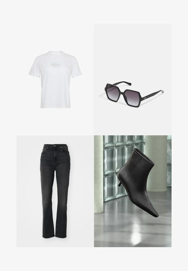 Hvid t-shirt med korte ærmer, rund hals og let beige Calvin Klein-logo centreret på brystet.; Højtaljede sorte denim jeans med lige ben, fem-lomme design, frontlukning med knap og minimal syning.; Sort læderankelstøvle med spids tå og lille hæl vist mod en væg af glasblokke og poleret gulv baggrund.; Sorte sekskantede solbriller med gradientlinser, med en glat overflade og diskret branding på stængerne. Holdbar plastkonstruktion.