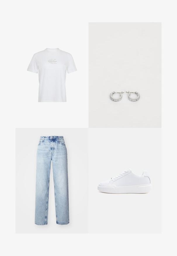 Camiseta blanca de manga corta con cuello redondo y logotipo Calvin Klein en beige claro centrado en el pecho.; Jeans de tiro alto color azul claro con un corte holgado, que cuentan con piernas rectas, cinco bolsillos y un cierre clásico de botones y cremallera.; Zapatilla blanca de corte bajo con cierre de cordones, suela gruesa y parte superior lisa, mostrada desde el lado exterior sobre un fondo claro y sencillo.; Pendientes de aro de plata con un acabado suave y pulido, que presentan un diseño sencillo y un cierre seguro. La forma de cada pendiente es redondeada y compacta.