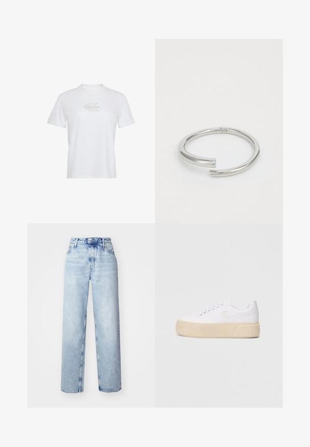 Weißes Baumwoll-T-Shirt mit kurzen Ärmeln, Rundhalsausschnitt und einem goldenen Calvin Klein-Logo auf der Vorderseite.; Hellblaue High-Waist-Jeans mit lockerer Passform, geradem Bein, fünf Taschen und klassischem Knopf- und Reißverschluss.; Weiße Leinenschuhe mit einer massiven beigefarbenen Plattformsohle, die ein dezentes gesticktes Logo an der Seite und ein klassisches Schnürdesign aufweisen.; Calvin Klein SPIRAL - Armband - silver-coloured
