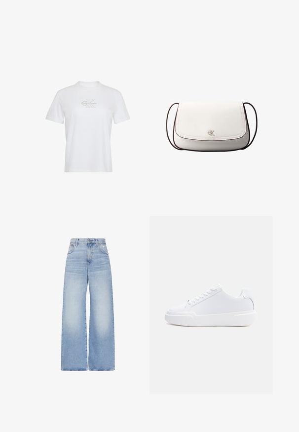 Wit T-shirt met korte mouwen, ronde hals en lichtbeige Calvin Klein-logo gecentreerd op de borst.; Lichtblauwe high waist jeans met wijde pijpen, voorzien van een knoop- en ritssluiting aan de voorkant, zakken aan de voor- en achterkant, en een lichte distressed uitvoering op de rechterzak.; Witte lage sneaker met vetersluiting, dikke zool en glad bovenwerk, gezien vanaf de buitenkant tegen een effen lichte achtergrond.; Witte schoudertas met klepsluiting, klein zilveren "cK"-logo in het midden en dunne donkerbruine verstelbare band.