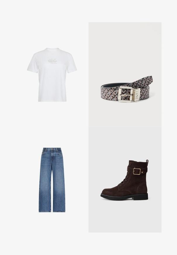 Weißes Baumwoll-T-Shirt mit kurzen Ärmeln, Rundhalsausschnitt und einem goldenen Calvin Klein-Logo auf der Vorderseite.; Blaue High-Waist-Jeans mit weitem Bein, Frontknopf und Reißverschluss, Gürtelschlaufen und klassischem Fünf-Taschen-Design.; Dunkelbraune Wildleder-Ankle-Boots mit Schnürung vorne, goldfarbener Schnalle, schwarzer Sohle und Zugschlaufe hinten auf einem schlichten hellen Hintergrund.; Brauner und schwarzer Ledergürtel mit Muster, silberner rechteckiger Schnalle und geprägtem DKNY-Logo, zusammengerollt auf weißem Hintergrund.