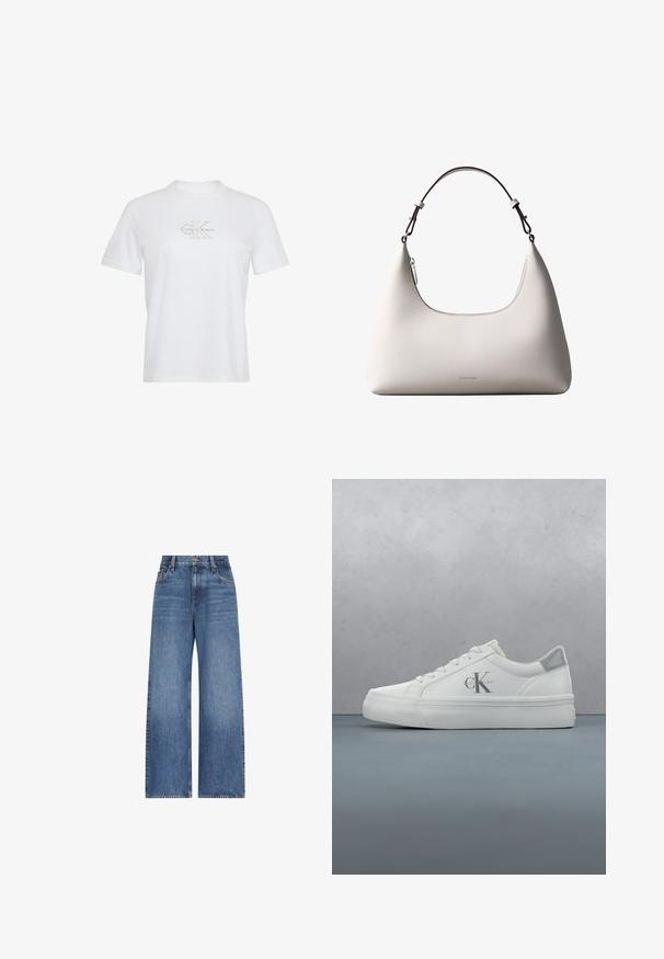 Witte katoenen t-shirt met korte mouwen, een ronde hals en een goudkleurig gedrukt Calvin Klein-logo aan de voorkant.; Blauwe high-waist wijde jeans met knoop en rits aan de voorkant, met riemlussen en klassiek ontwerp met vijf zakken.; Witte leren sneakers met een platte zool, voorzien van een subtiele grijze hielaccent en een prominent 'CK' logo aan de zijkant.; Romige Calvin Klein leren schoudertas met gebogen bovenrand, zilveren rits en donkerbruine verstelbare riem.