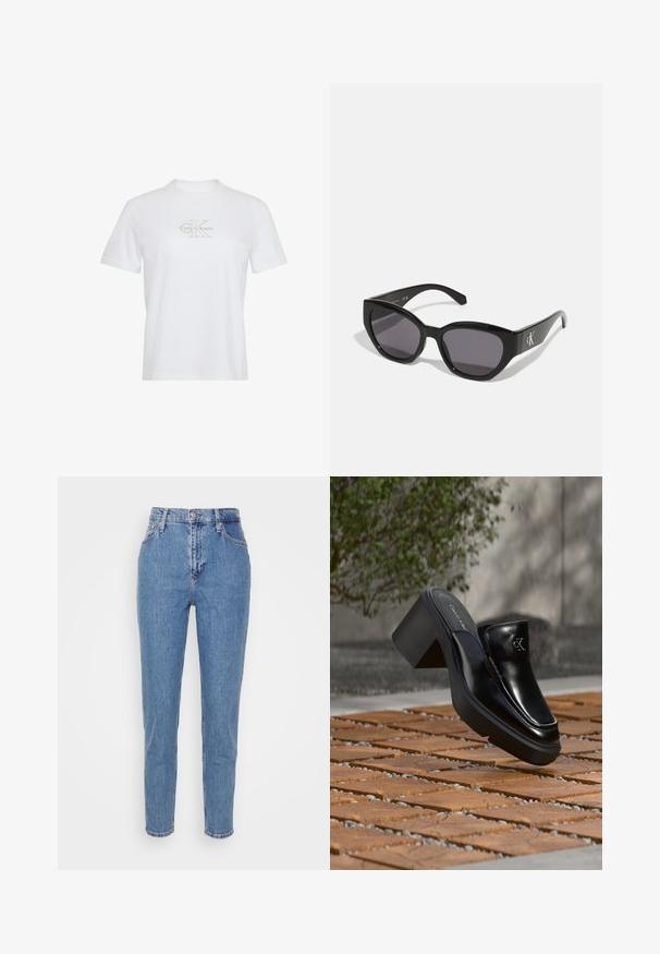 Wit T-shirt met korte mouwen, ronde hals en lichtbeige Calvin Klein-logo gecentreerd op de borst.; Blauwe high-waisted straight-leg jeans met een knoop en rits aan de voorkant, riemlussen en zakken, weergegeven op een effen witte achtergrond.; Zwarte leren Calvin Klein slip-on mule met blokhak rustend op houten tegels buiten, vlak bij een groene plant en een grijze muur.; Zwarte zonnebril met een strak, hoekig ontwerp, donkere lenzen en een contrasterend zilveren logo aan de zijkant. Glad kunststof oppervlak.